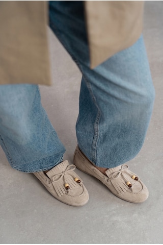 Giamgia Store Püsküllü Boncuk Detaylı Krem Süet Makosen Loafer Ayakkabı-2366
