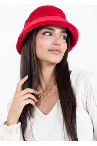 Ladycolor Tavşan Tüyü Peluş Bucket Kova Moda Kadın Kışlık Şapka Kırmızı