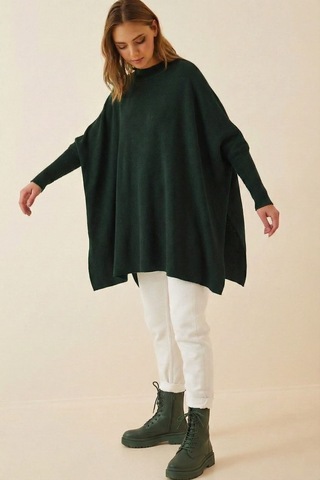 Onno Style Women Düz Triko Standart Panço Yeşil