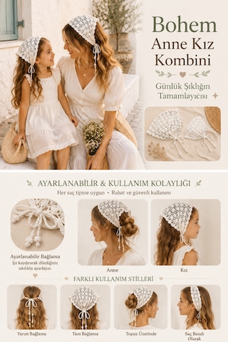 Anne Kız Kombin Bandana El Örgüsü Saç Bandı Bohem Stil Ayarlanabilir 2li Set Beyaz 19218290