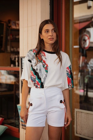 Kadın Asimetrik Desenli Kısa Kollu Bluz Frn1006 Siyah