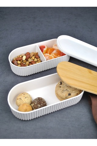 2'li Ahşap Kapaklı Lunch Box Saklama Kabı Ve Beslenme Kutusu - 2x500 Ml Krem