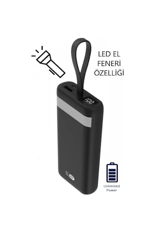 20,000 mAh Powerbank LED EL Feneri Özellikli Kablolu Taşınabilir Şarj Cihazı
