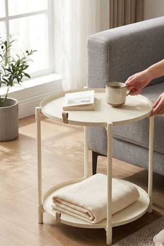 Çift Tepsili Katlanır Orta Yan Yuvarlak Sehpa Metal Ayak - Modern Sehpa 50cm 44 Cm Tepsi Deri Kulplu Krem
