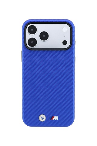 Apple iPhone Uyumlu 18 Pro Kılıf Bmw Lisanslı M-safe Özellikli Pu Karbon Tasarımlı Metal Logolu Kapak Mavi
