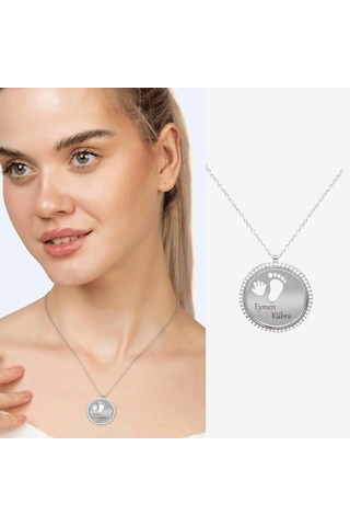 Tesbihane Zirkon Taşlı Bebek El/ayak Detaylı Silver Renk Kişiye Özel İsim/harf Yazılı 925 Ayar Gümüş Kadın Kolye
