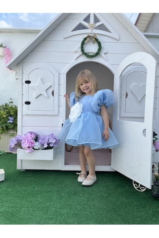 Rose- Mavi Şifon Kısa Kollu Kız Çocuk Elbisesi Elsa Mavi