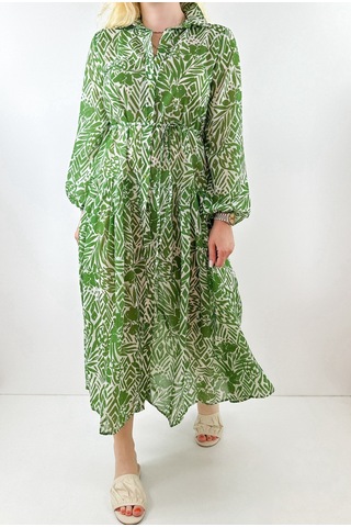 Modaonna Yeşil Çiçek Desenli Pamuklu Maxi Elbise Yeşil