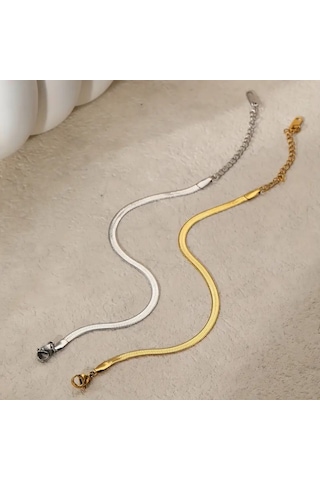 Çelik Takı Seti Bileklik İtalyan Ezme Model İkili 0.3 Mm Genişlik 17 Cm Uzunluk Ek 5 Cm Gold Gümüş Gümüş - Rose Gold