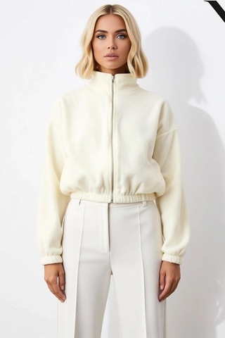 Benerly Kadın Dik Yaka Düşük Kol Fermuarlı Crop Polar Sweatshirt Fonksiyo Ekru