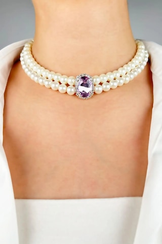 Kristal Uçlu İnci Choker Kolye - Mor Çok renkli