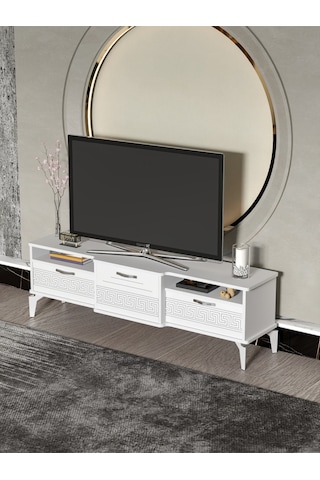 Tv Sehpası 160 Cm Kapaklı Raflı Televizyon Ünitesi Salon Oturma Odası Tv Sehpa Mistral Beyaz