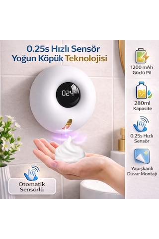 Polham Akıllı Sensörlü Köpük Sabunluk 280ml 0.25s Hızlı Sensör Şarjlı Dijital Ekranlı Otomatik Sabunluk Beyaz
