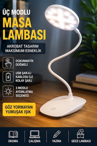 Led Masa Lambası Usb Şarjlı Dokunmatik Akrobat Çalışma Lambası 3 Modlu Göz Yormayan Işık Ultra Hafif Beyaz