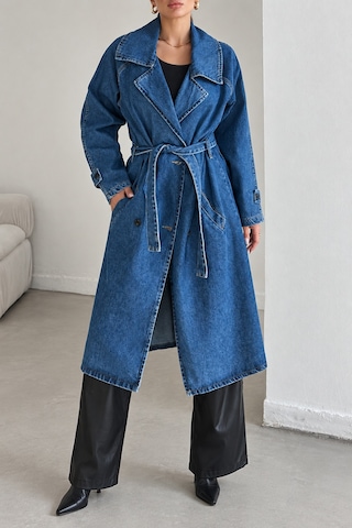 Polo State Kadın Kuşaklı Kruvaze Yaka Oversize Uzun Denim Trençkot Mavi