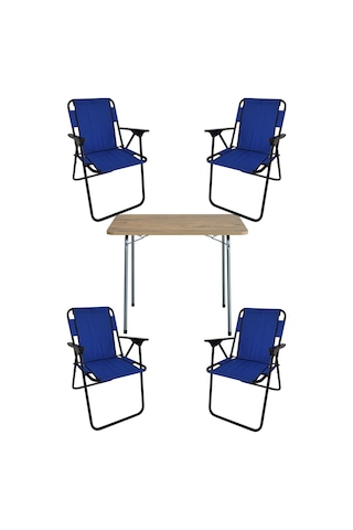 Bofigo 60X80 Çam Desenli Katlanır Masa + 4 Adet Katlanır Sandalye Kamp Seti Bahçe Takımı Mavi