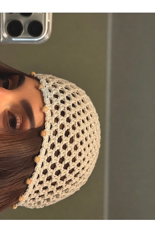 Algebutik Krem Boncuk Detaylı El Örgüsü File Bere