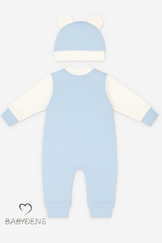 Babyden's Teddy Bear Temalı Yenidoğan Fitilli Tulum Takımı Ayıcıklı Erkek Bebek Tulum Şapka Set %100pamuk Mavi