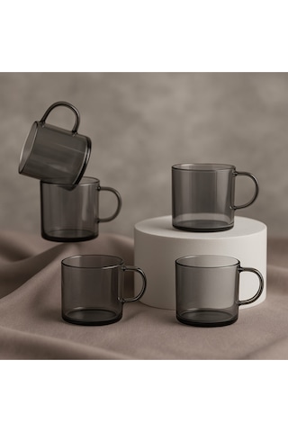Alfafe Home 6 Lı Füme Cam Kupa Kahve Fincanı Isıya Dayanıklı, Minimal Tasarım, 120 Cc Gri