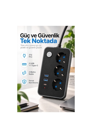 Robeve Blic 3 Lü Termal Akım Korumalı Uzatma Prizi 2 Metre Kablolu, 2 Usb + 1 Type-c Hızlı Şarj, Çocuk Korumalı, Aç/kapa Anahtarlı Çoklu Priz Grup Priz Grup Uzatma Prizi 3'lü Priz 2 M