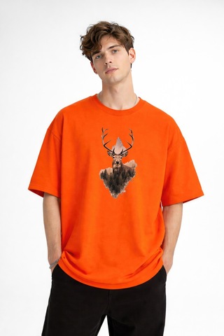 Misa Tahtakale Deer - Oversize Erkek Tişört Turuncu Çok Renkli