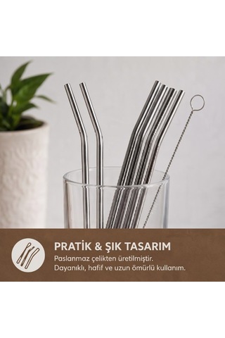 Paslanmaz Çelik Ekolojik Şık 6'lı Kaşıklı Pipet Bardak Tamamlayıcısı Sofra Takımı Sunum Detayı Çok Renkli