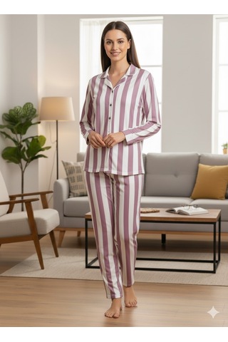 Kadın Düğmeli Pijama Takımı Mor