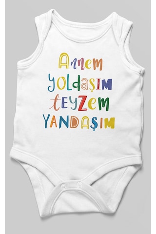 Annem Yoldaşım Teyzem Yandaşım Baskılı Bebek Zıbını Çıtçıtlı Body %100 Pamuk Sıfır Kol Beyaz