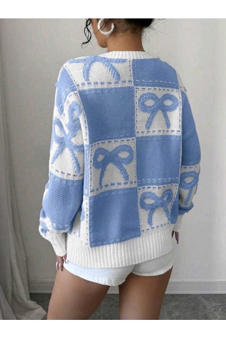 Sayzen Your Shine Kurdele Işlemeli Kareli Oversize Kazak Sy-2502 Mavi