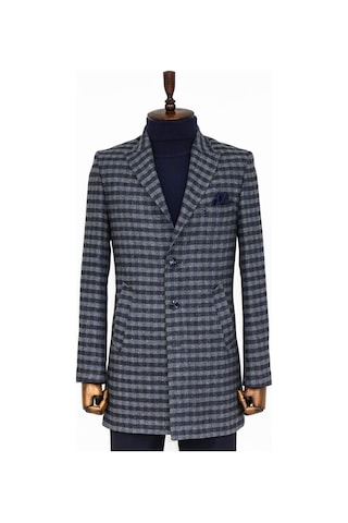 Wessi Kaşe Kareli Geniş Yaka Slim Fit Lacivert Erkek Palto 001