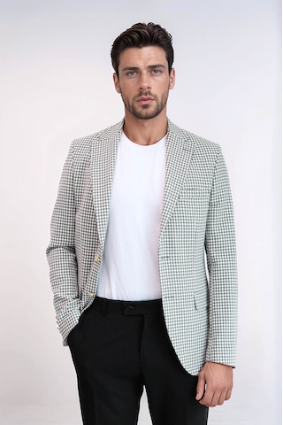 Açık Gri Kazayağı Desenli Gold Renk Metal Düğmeli Slim Fit Erkek Blazer Ceket - Wessi Grey