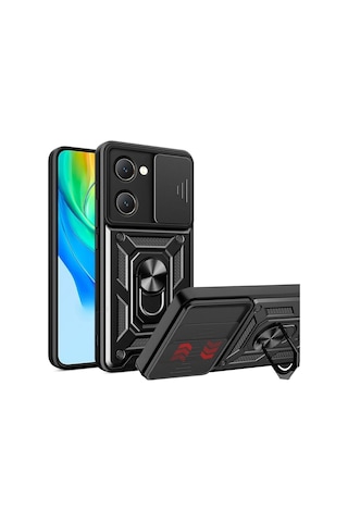 Vivo Y18e Uyumlu Tank Kılıf - Yüzüklü Standlı Extra Darbe Koruma Zırhlı Outdoor Kapak - Siyah