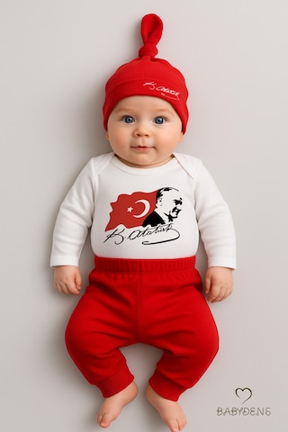 Babyden's Atatürk Baskılı 3 Lü Bebek Takımı %100 Pamuk Uzun Kollu Çıtçıtlı Body Pantolon Şapka Yenidoğan Seti Kırmızı - Beyaz