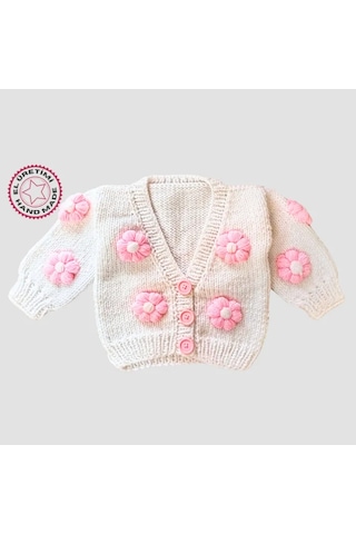 Uretti - Gülnur 2184 - El Örgüsü Pembe Çiçekli Kız Çocuk Hırka 4 Yaş - Beyaz Beyaz