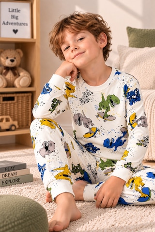 Free Beka Desenli Bisiklet Yaka %100 Pamuklu İnterlok Kumaş Erkek Çocuk Uzun Kollu Pijama Takımı Krem