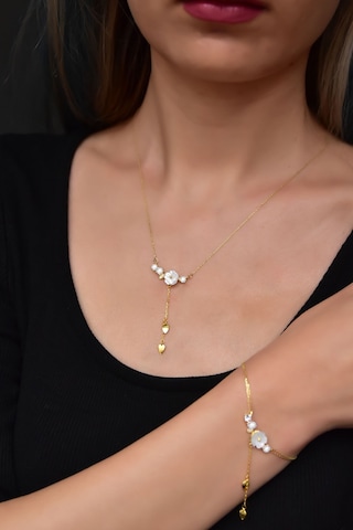 Papatya Silver 925 Ayar Gümüş Gold Kaplama Zincir Sallantılı Beyaz Taşlı Sedef Manolya Çiçeği Kolye- Bileklik Set