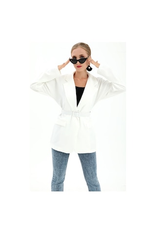 Düşük Omuz Kemerli Atlas Kumaş Blazer Ceket - Ekru-ekru Ekru