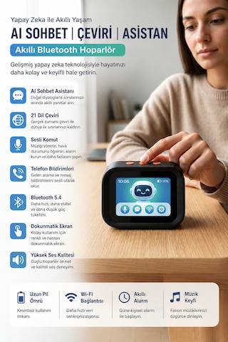 Tf26 Yapay Zeka Sesli Asistan Akıllı Bluetooth Hoparlör Aı Sohbet 21 Dil Çeviri Dokunmatik Ekran Dijital Masa Saati Bluetooth 5.4