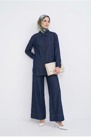Armine Trend Lacivert Tensel Denim Gömlek Ve Pantolonlu İkili Takım Lacivert 26yt6104