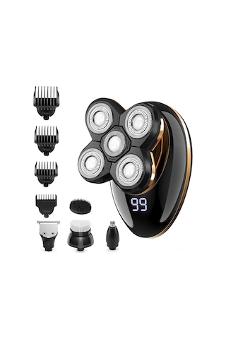 Vkemall Çok Amaçlı Şarjlı Elektrikli Tıraş Makinesi, Su Geçirmez, Dijital Ekranlı, 5 Başlık Siyah Altın Set