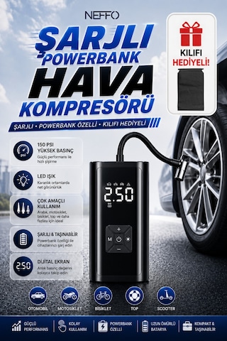 150 Psı Şarjlı Hava Kompresörü 4500mah Lcd Ekranlı Taşınabilir Lastik Şişirme Pompası Powerbank Kılıf Hediyeli