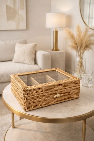 Hasır Rattan Organizer Düzenleyici Sepet Çay Kutusu 4 Bölmeli 30 22 12 Cm Açık Kahverengi