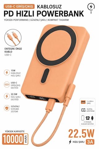 10000mah Magsafe Wireless Powerbank 22.5w Pd Hızlı Şarj Usb-c Dahili Kablo Turuncu