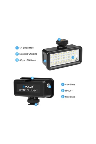 Puluz Pu631b 40 M Su Geçirmez 40-led Kamera Dolgu Işığı Şarj Edilebilir Dalış Vlog Fotoğraf Işığı