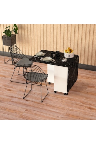 Asra Trend Akıllı Katlanır Mutfak Masası KM-15 %100 MDF Tekerlekli Yemek Masası Beyaz Royal Mermer