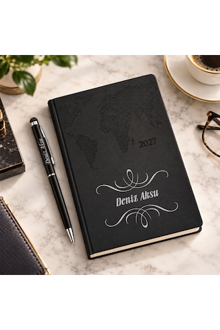 Bk Gift Kişiye Özel 378 Termo Deri Tarihli Ajanda & Siyah Touch Pen Tükenmez Kalem-1