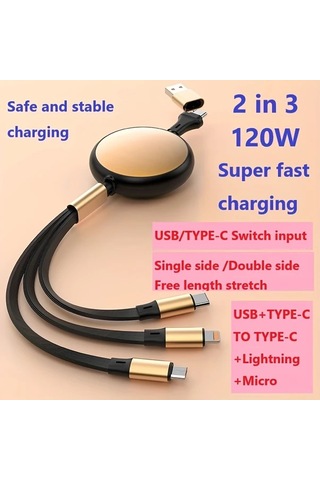 Honeybeeshop Beyaz Altın 120w 2de 3 Teleskopik Hizli Sarj Kablosu Usb Type C Micro Lightning Coklu Baslik İpdone Uyumlu Galaxy Uyumlu Xiaomi Huawei Icin