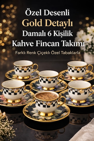 Porselen Gold Ayaklı Renkli Tombul Dama Desenli 6 Lı Türk Kahve Fincan Takımı-balsa Fincan Takımı Sarı - Çok Renkli