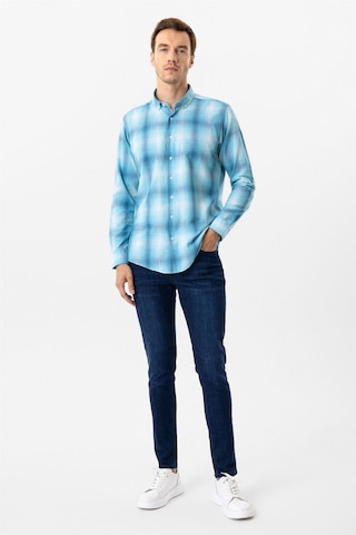 Süvari Turkuaz Slim Fit Desenli Düğmeli Yaka Gömlek