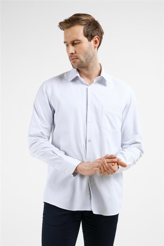 İmza Beyaz-mavi Çizgili Desen Sert Yaka Uzun Kol Cepli Comfort Fit Pamuklu Gömlek 1004255275 Beyaz - K.mavi
